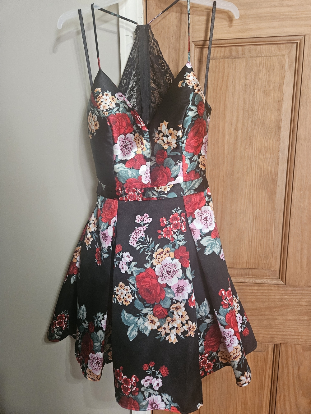 B. Smart Black Floral Fit-and-Flare Mini Dress with Lace Back